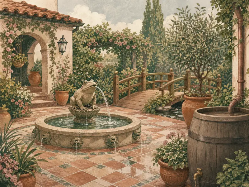 A stone frog fountain spouting water on a terracotta patio in a lush courtyard garden with a wooden bridge.