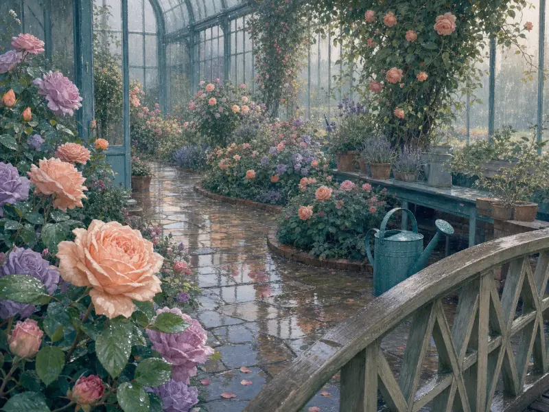 Lavender and peach roses bloom along a wet stone walkway inside a glass greenhouse with a teal watering can.
