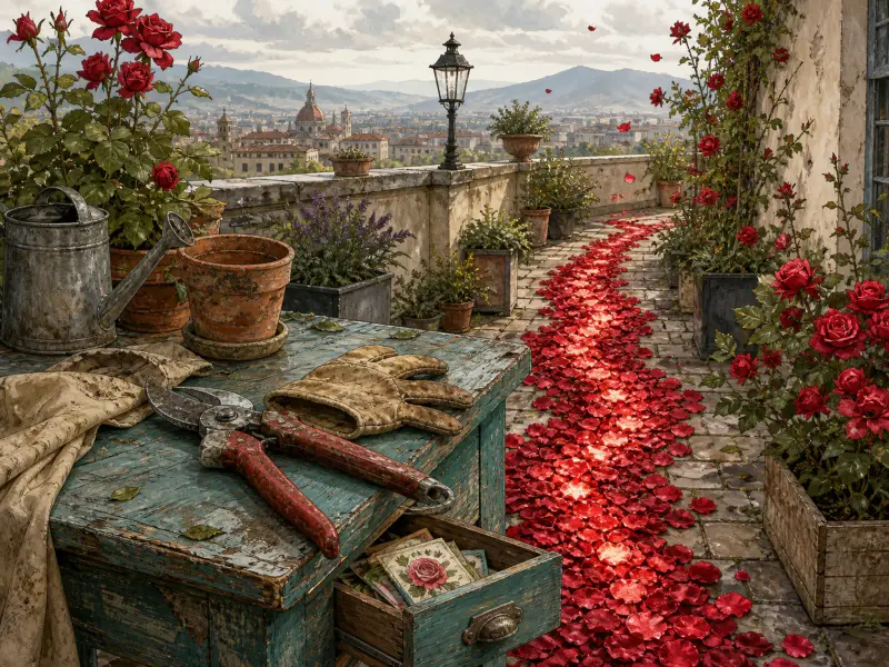 Gardening tools on a wooden bench beside a stone terrace walkway strewn with red rose petals, overlooking Florence.