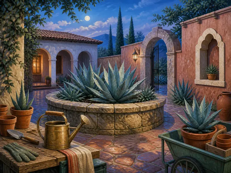 A moonlit Mediterranean courtyard with a large circular stone planter of agaves, terracotta pots, and a brass watering can.