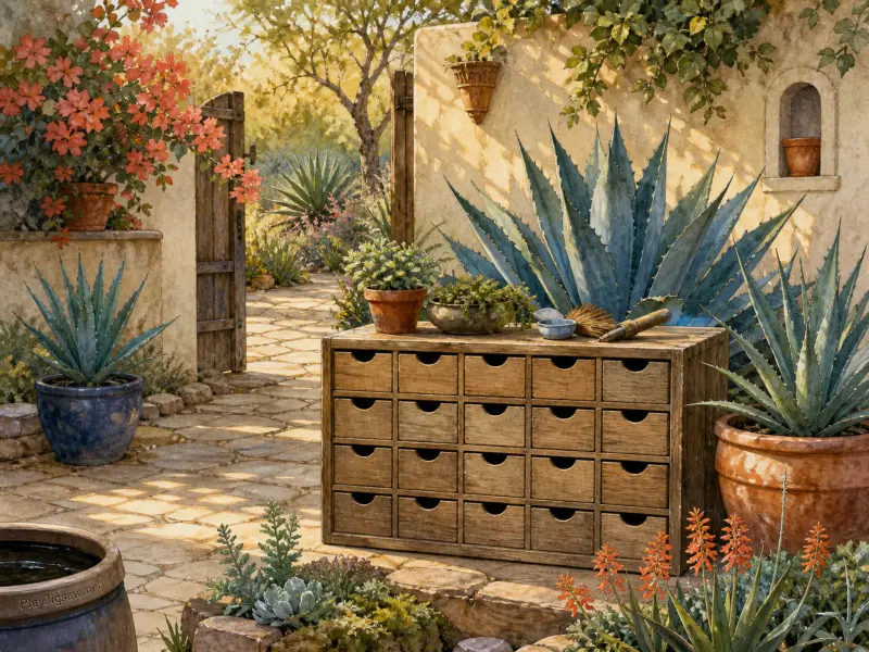 A sunlit courtyard featuring potted agave plants, a rustic multi-drawer wooden cabinet, and an open garden gate.