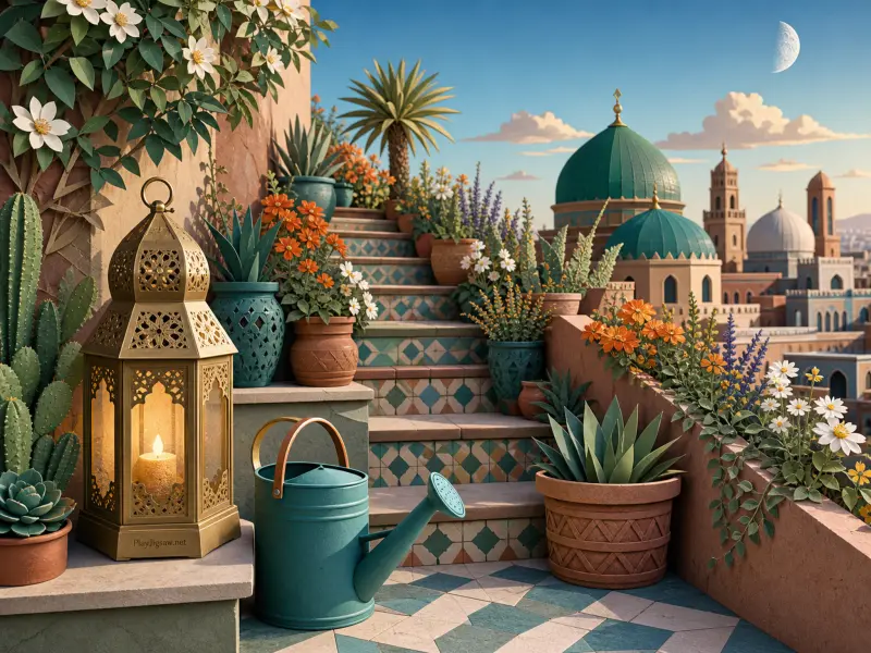 Tiled rooftop garden filled with potted flowers, cacti, a glowing lantern, and views of city domes.