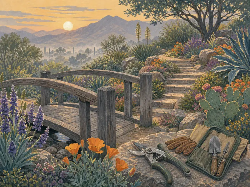 A hillside dryland garden with a rustic wooden bridge, stone stairs, cacti, poppies, and gardening tools at sunset.