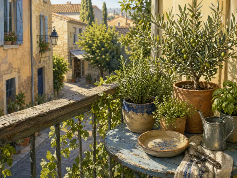 Potted olive tree, herbs, and a watering can on a rustic balcony overlooking a sunlit stone village street.