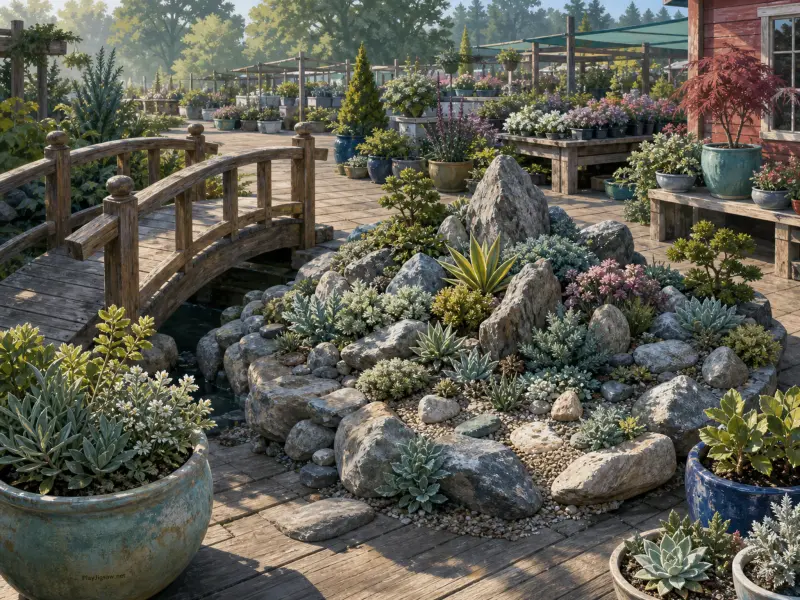 A garden nursery featuring a raised succulent rockery beside a rustic wooden arched bridge and glazed planters.