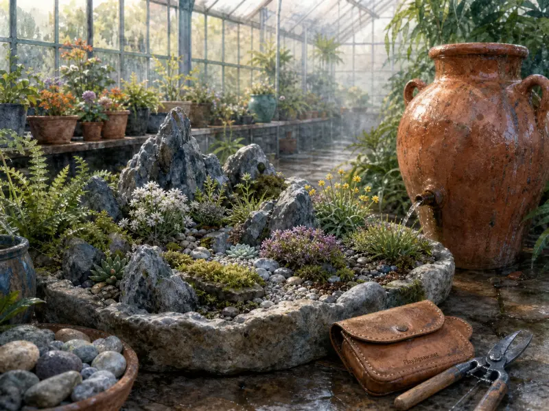 A miniature alpine rock garden in a stone basin sits inside a sunlit greenhouse next to a flowing terracotta urn.