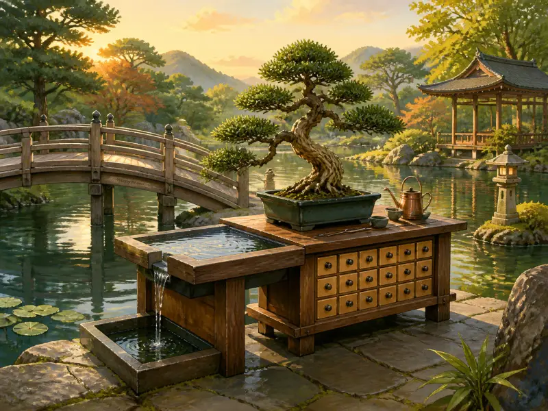 A bonsai tree on a wooden workbench beside a flowing water basin, pond, arched wooden bridge, and Japanese pavilion.
