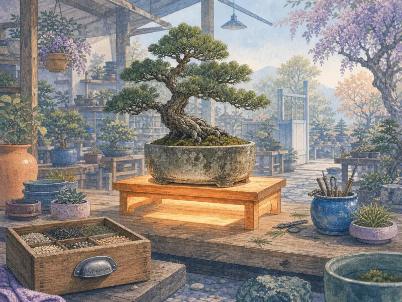 A potted pine bonsai resting on a wooden stand in a sunlit garden workshop with tools and gravel trays.
