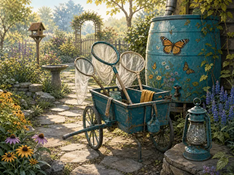 A blue wooden cart holding butterfly nets on a stone garden path next to a painted rain barrel and lantern.