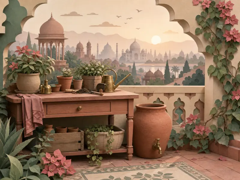 A garden potting table and terracotta urn on an arched balcony overlooking a distant palace city.