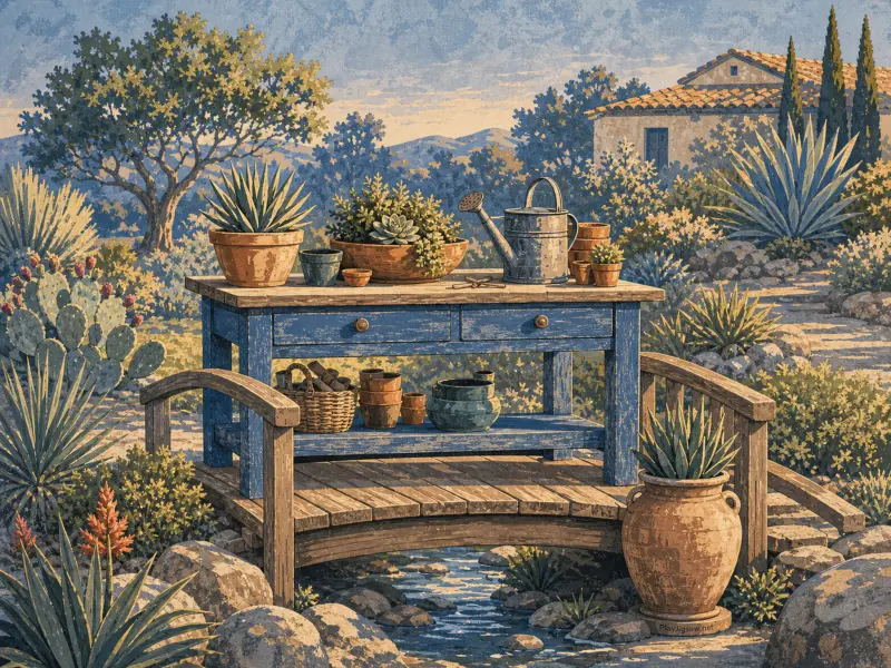 A rustic blue potting bench with succulents and a watering can rests on a small wooden bridge over a stream.