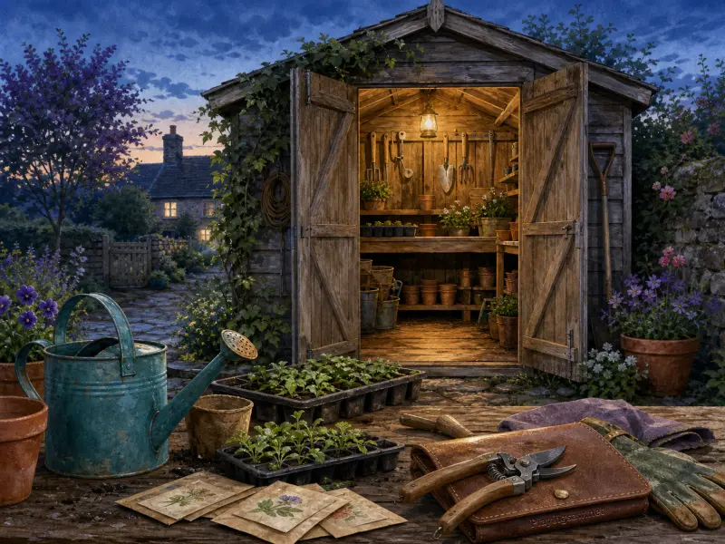 An open wooden garden shed glowing with lantern light at dusk, with gardening tools and pots on a workbench.