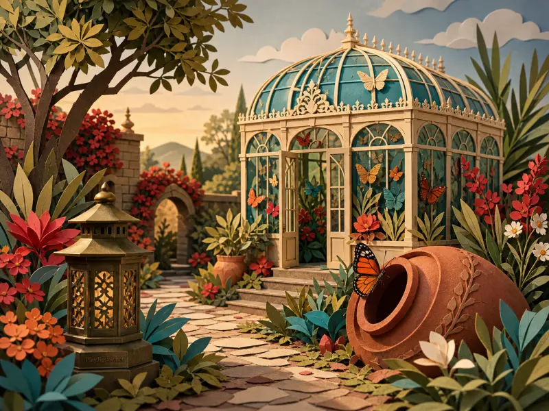 A decorative glass butterfly pavilion with open doors surrounded by garden flowers, a stone lantern, and a clay pot.