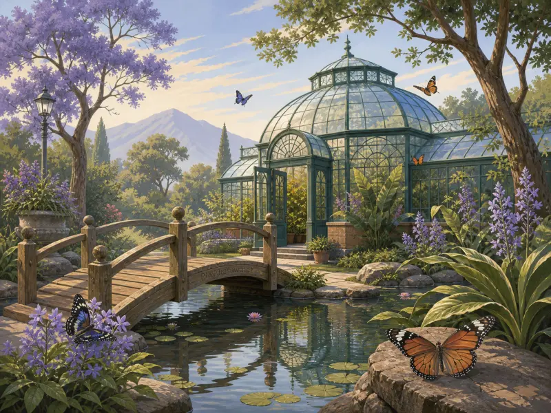 Glass greenhouse dome beside a pond crossed by a wooden bridge, with butterflies and purple flowers in a sunny garden.