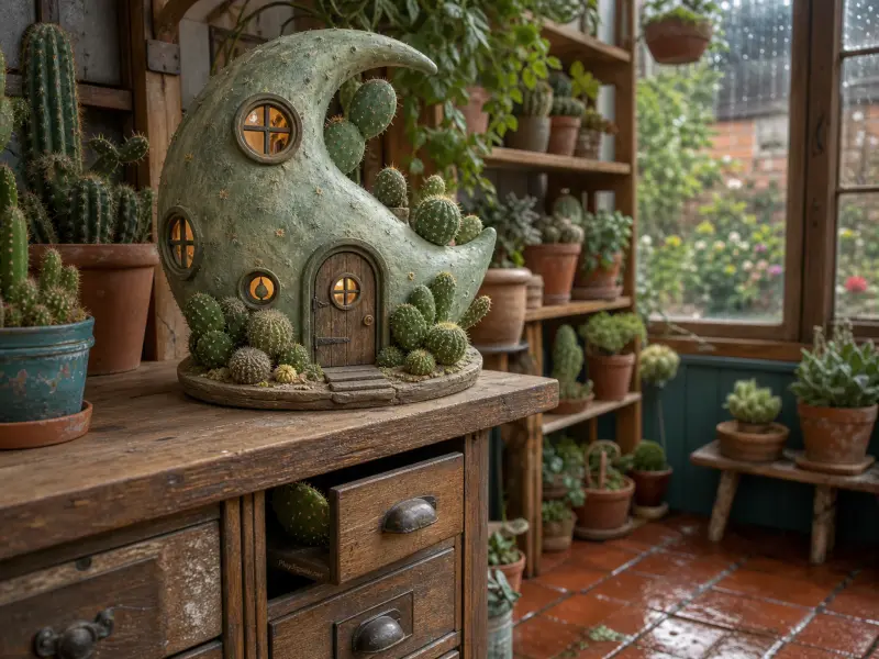 A miniature crescent moon-shaped fairy house decorated with small cacti sits on a rustic wooden bench in a greenhouse.