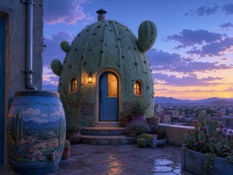 Whimsical cactus-shaped cottage on a stone rooftop patio overlooking a desert town during a purple sunset.