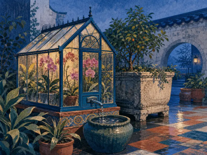 A miniature glass greenhouse filled with pink orchids spouting water into a basin in a twilight courtyard.