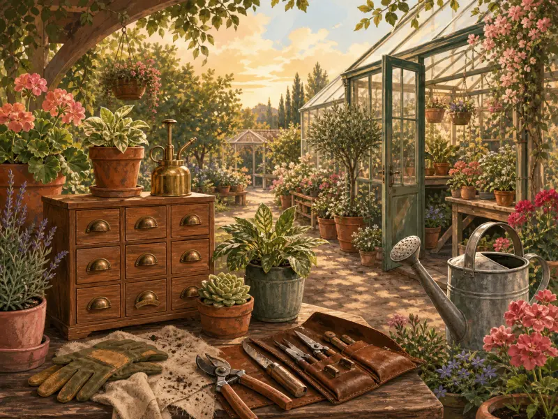 A wooden garden workbench with tools and potted plants sits outside an open glass greenhouse in warm sunlight.