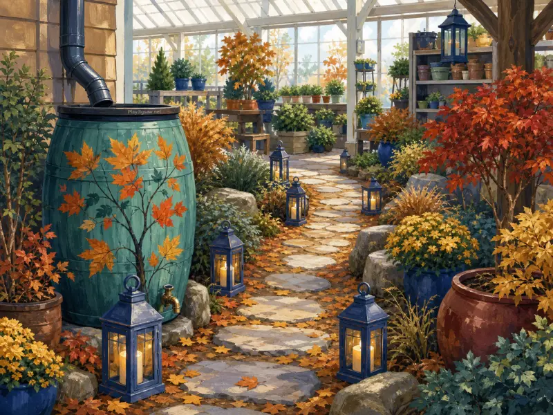 Stone greenhouse walkway scattered with autumn leaves, lit by blue candle lanterns beside a painted rain barrel.