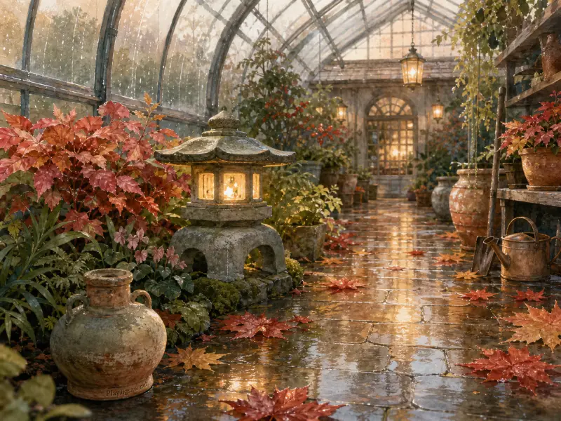 A glowing stone lantern beside scattered red autumn leaves on a wet walkway inside a rainy glass conservatory.