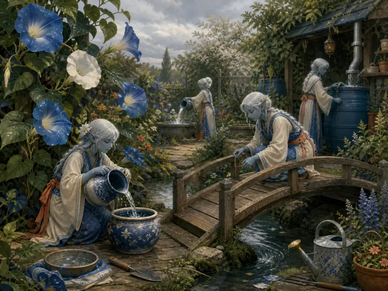 Blue-skinned maidens tend water vessels and plants beside a wooden bridge in a blooming garden.