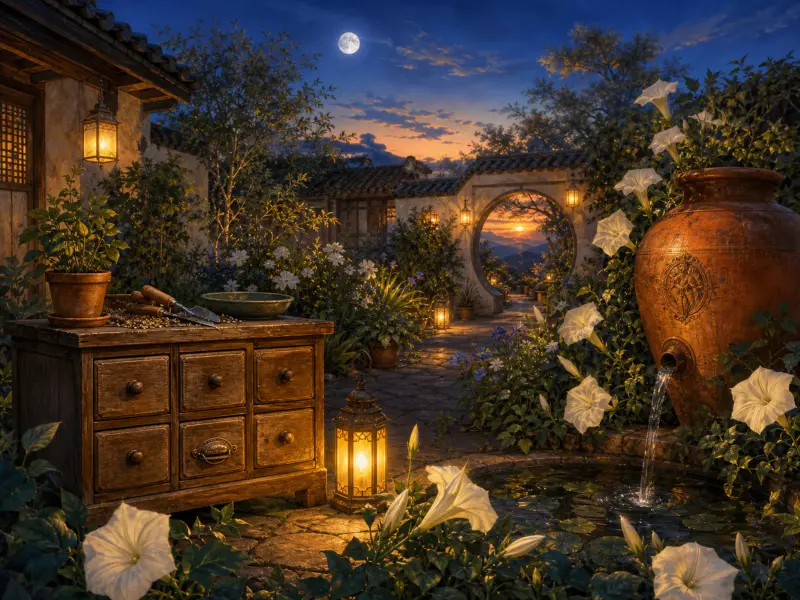 A tranquil night garden courtyard with glowing lanterns, white flowers, and an urn fountain spilling into a pond.