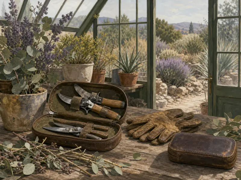 Gardening shears resting in an open leather case on a wooden potting bench inside a bright sunlit greenhouse.