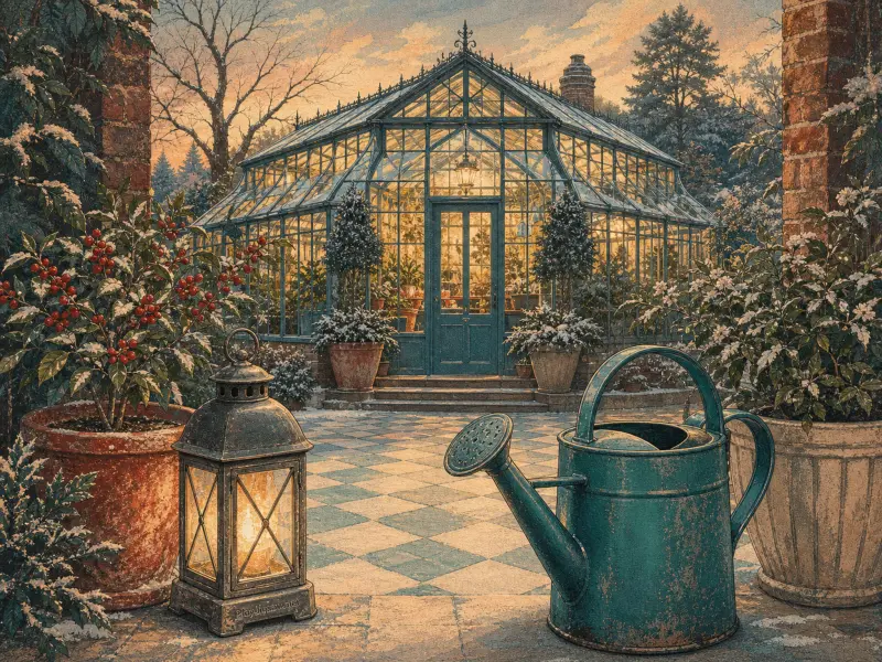 A glowing glass greenhouse viewed across a snowy terrace with a lantern, watering can, and potted plants.