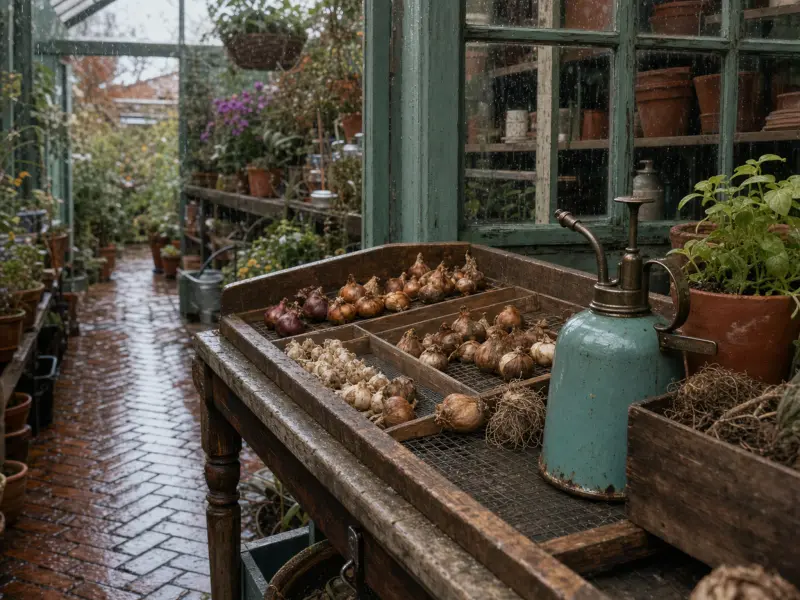 A rustic wooden potting bench with trays of plant bulbs and an antique turquoise mister inside a rainy greenhouse.