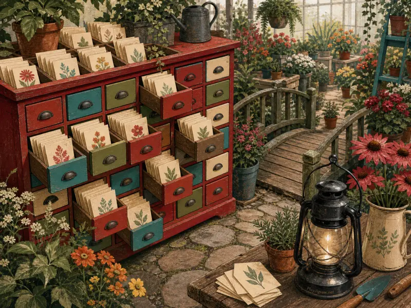 A colorful vintage seed cabinet and glowing lantern inside a lush greenhouse filled with potted flowers.