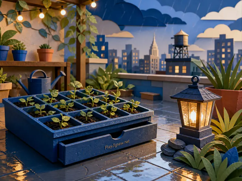 Seedling tray with sprouting plants and a glowing lantern on a wet rooftop patio overlooking a city skyline in the rain.