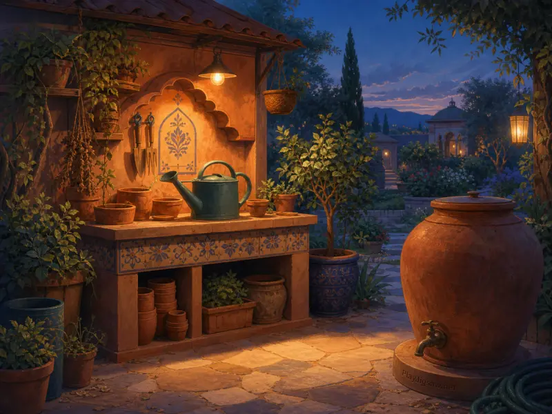 Terracotta water urn and illuminated potting bench filled with plants and pots in an evening garden.