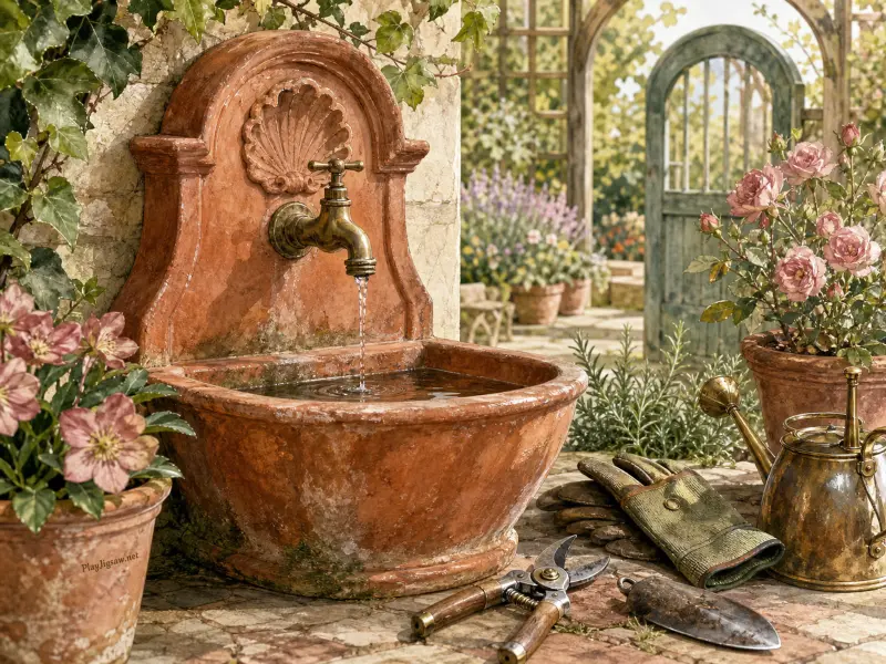 A terracotta wall fountain flowing with water beside gardening tools, potted roses, and an arched courtyard gate.