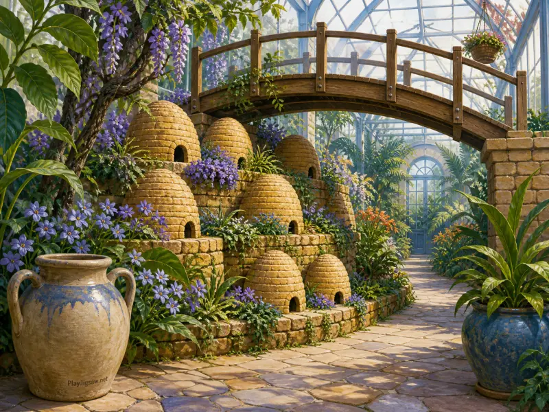 Terraced dome beehives nestled in flowering plants beneath a wooden footbridge inside a sunlit glass greenhouse.