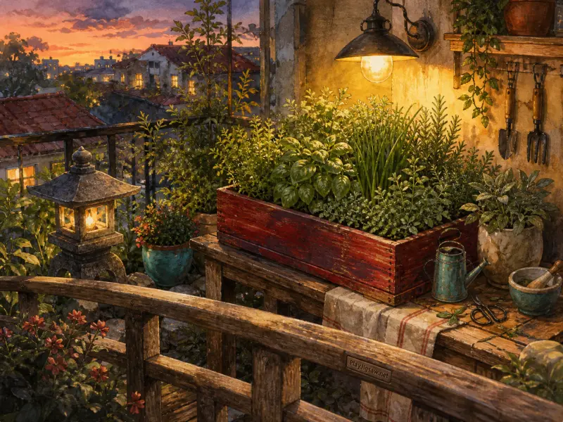 Rooftop balcony herb garden illuminated by a warm wall lamp and stone lantern against an orange sunset sky.