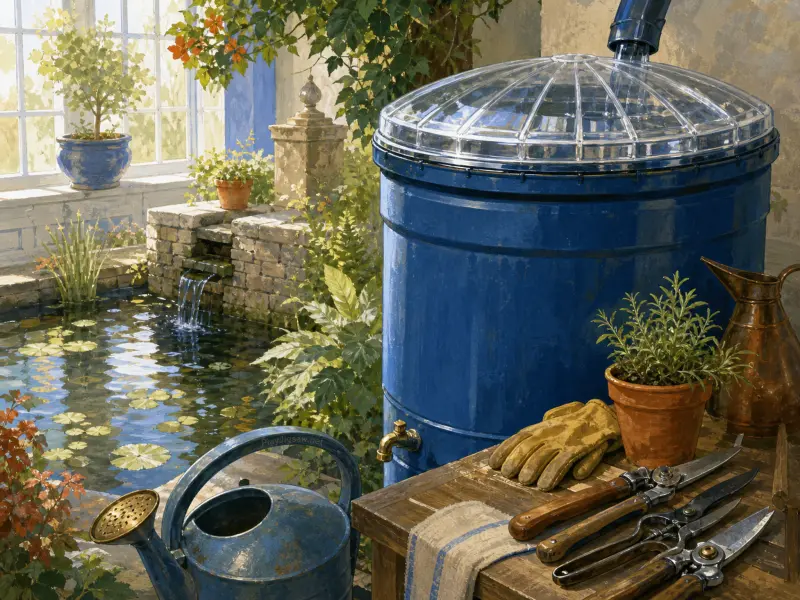 A blue rain barrel beside a gardening bench with shears and gloves overlooking a sunlit greenhouse pond with water lilies.