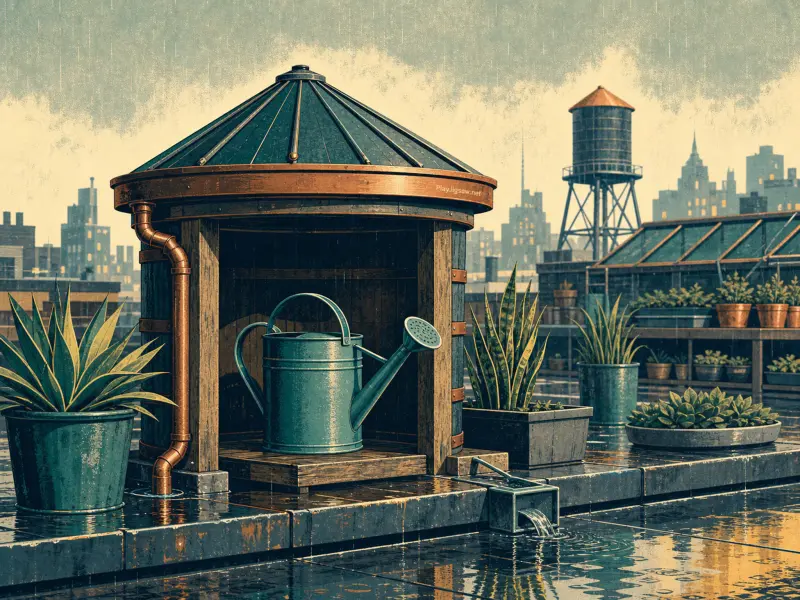 A teal watering can inside a small wooden shelter on a wet rooftop garden with potted plants and city buildings.