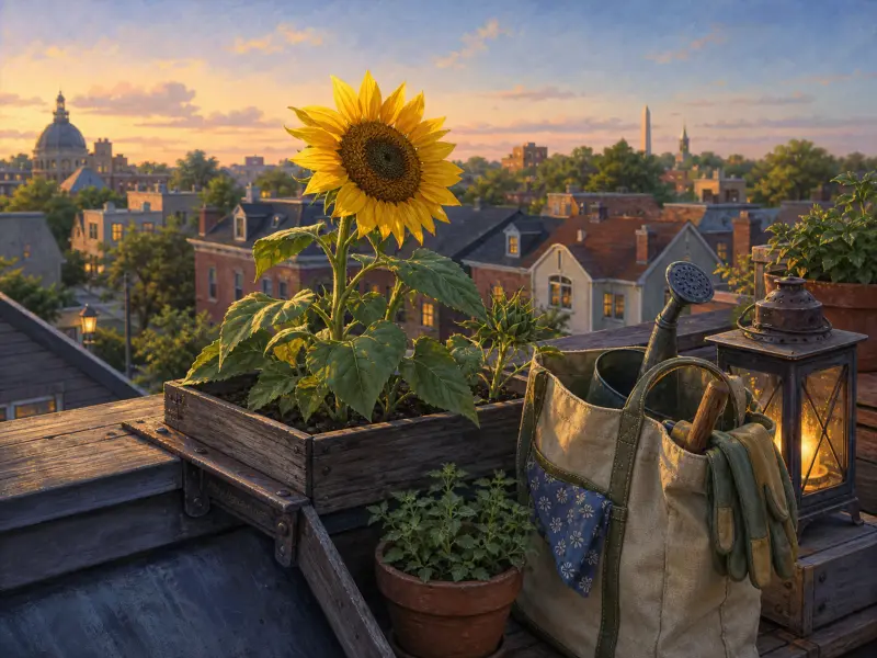 A blooming yellow sunflower and gardening bag sit on a rooftop overlooking brick houses at sunset.