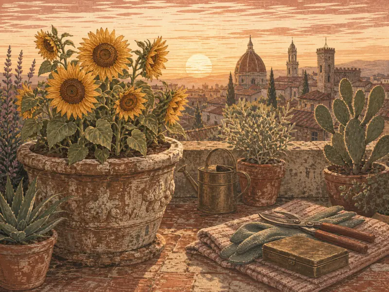 Sunflowers in terracotta pots and gardening tools sit on a terrace overlooking the rooftops and domes of Florence.