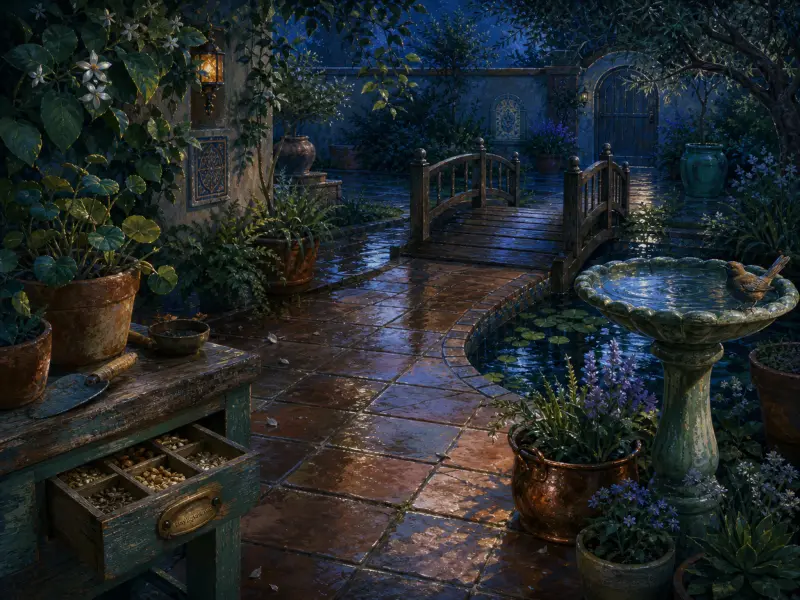 A wet courtyard garden at night with a small wooden footbridge, stone birdbath, and warm lantern reflections.
