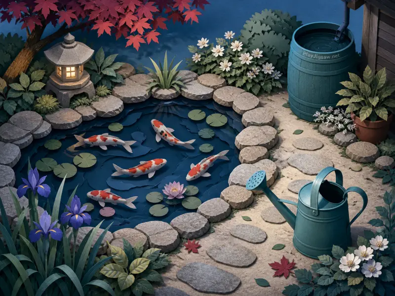 Papercraft-style garden with a stone koi pond, glowing lantern, red maple leaves, and a teal watering can.