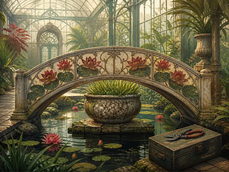 An ornate stone bridge decorated with painted lotus flowers spans a pond inside a sunlit greenhouse.