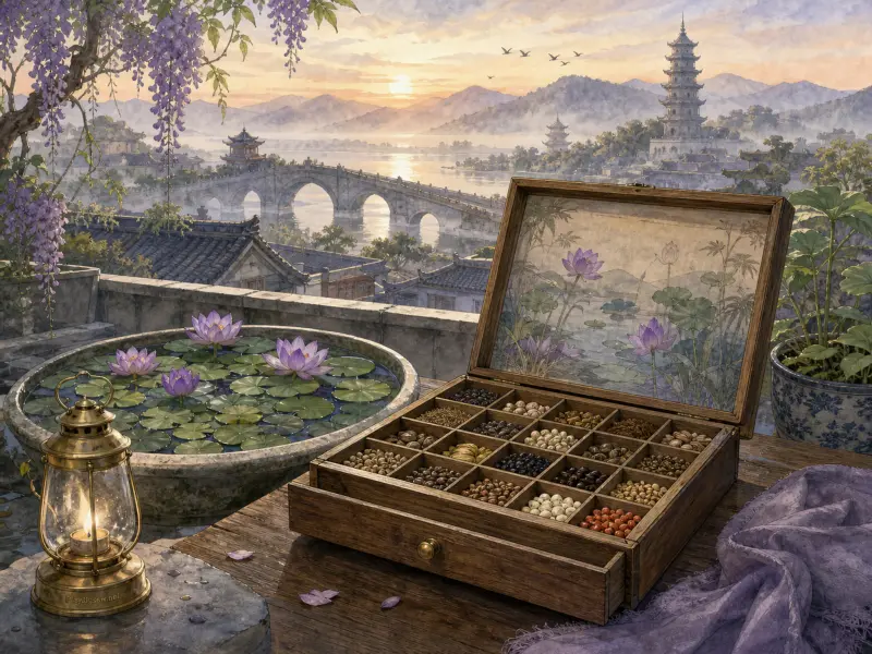A stone basin with purple water lilies beside an open seed box and lantern, overlooking a river and ancient pagodas.