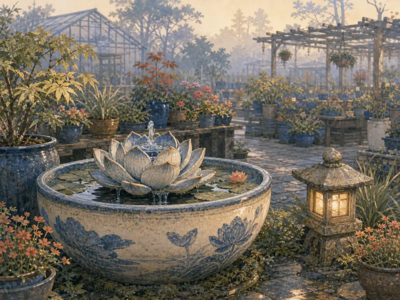 A blue and white ceramic lotus fountain basin beside a glowing stone lantern in a misty plant nursery.