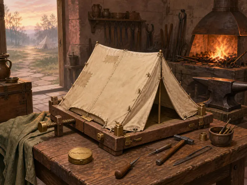 A miniature canvas tent model on a workshop table surrounded by tools, with an open forge and distant camp visible.