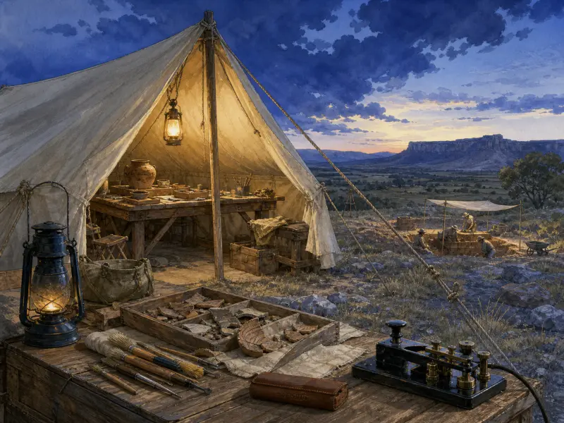 An illuminated canvas tent and field worktable overlook an archaeological excavation site at dusk.