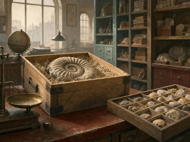 A large spiral ammonite fossil rests in a straw-filled wooden crate on a study desk beside a balance scale.