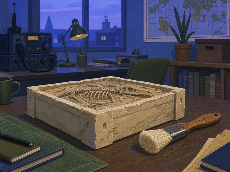 A prehistoric fossil skeleton resting inside a stone crate on a study desk beside an excavation brush.