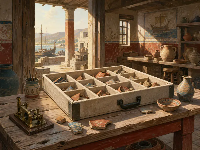 Compartmentalized tray of ancient pottery shards on a workshop table overlooking a sunny harbor with sailing ships.