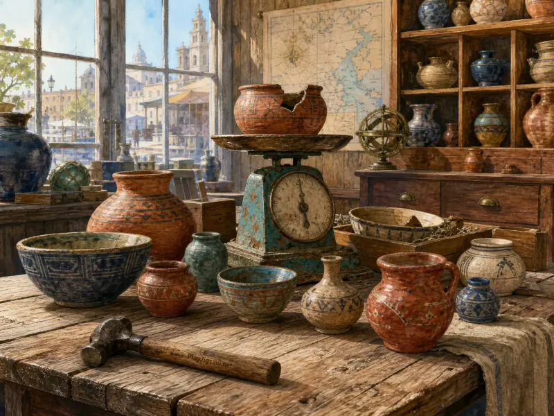 Ancient pottery, bowls, and a vintage scale on a rustic wooden workshop table with a sunny harbor outside the window.